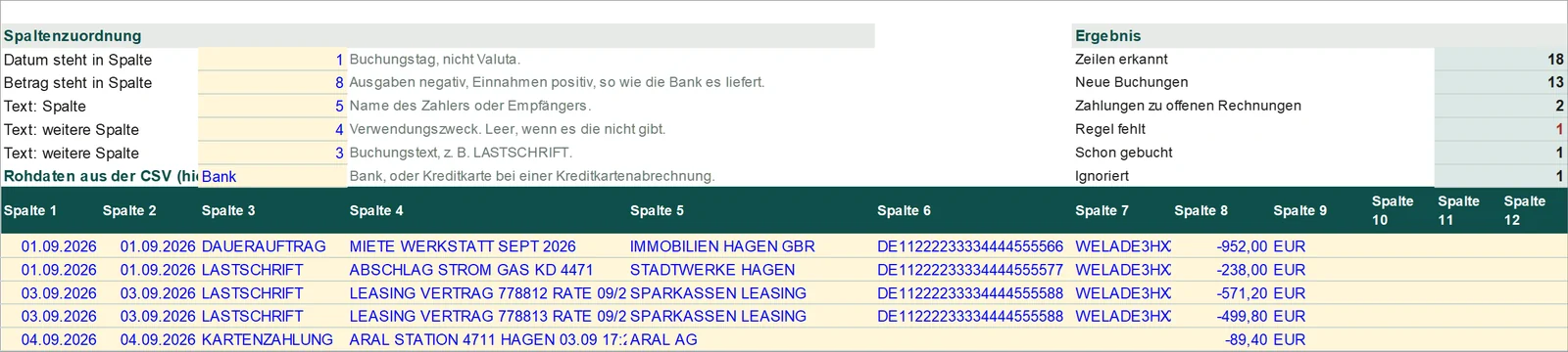 Bankimport: Kontoauszug eingefügt, Zeilen erkannt, Zahlungen zu offenen Rechnungen zugeordnet