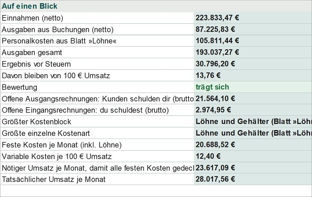 Auswertung auf einen Blick: Einnahmen, Ausgaben, Ergebnis, was von 100 Euro Umsatz bleibt