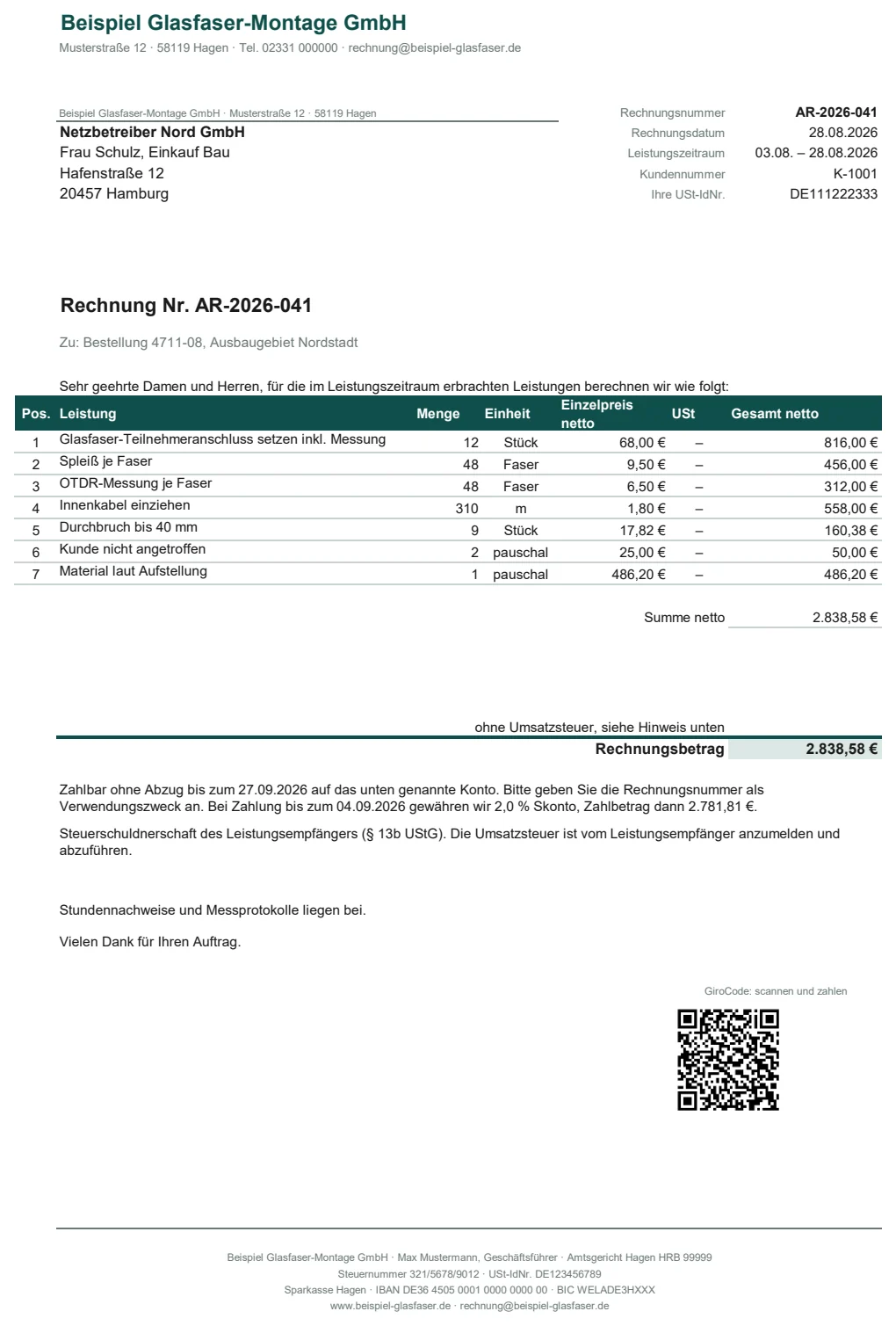 Rechnungsvorlage: fertige Rechnung mit GiroCode